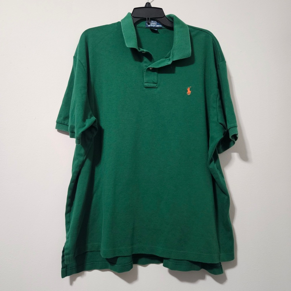 Polo Ralph Lauren Mens XXL Green Short Sleeve Pique Polo Shirt Orange Pony Logo